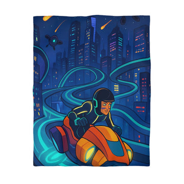 Housse de couette design voiture course personnage casque combinaison fluo gratte ciel bleu rouge spirale moderne dynamique intense action chambre
