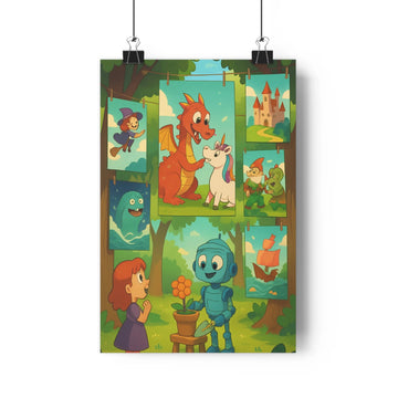 Poster scène forêt dragon licorne fil linge conversation créatures fantastiques petite fille robot fleurs arbres château ciel couleurs joyeuses style
