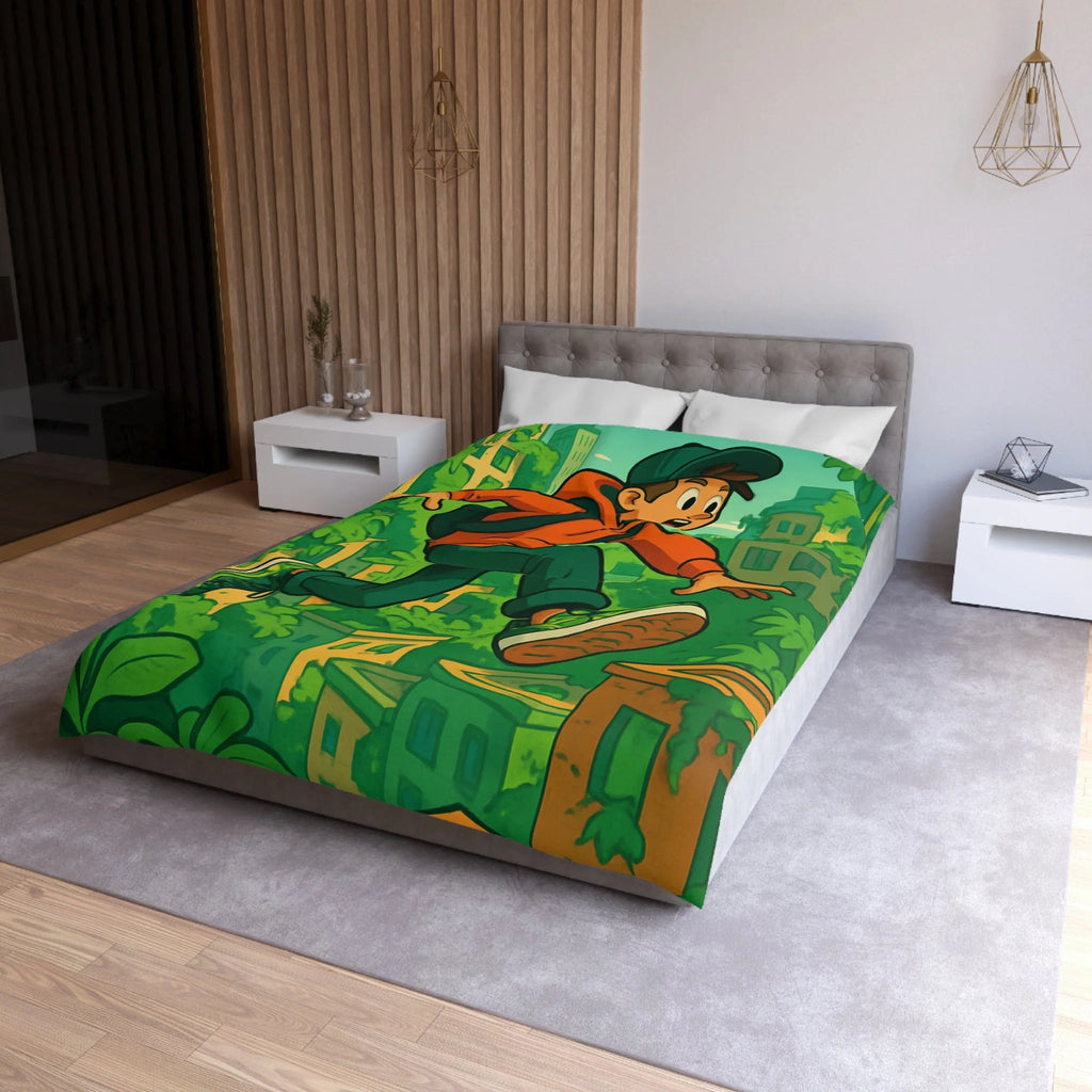 Housse de Couette Motif Urbain Vert avec Garçon Aventurier en Tenue Décontractée