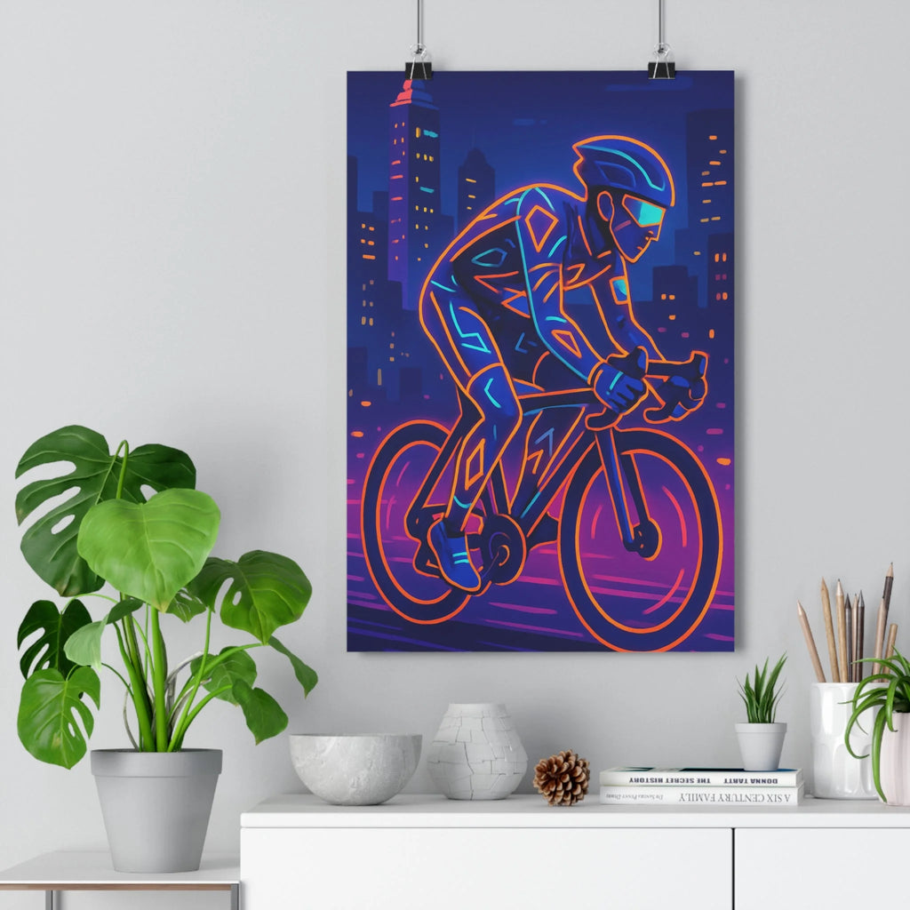 Poster décoratif cycliste dynamique néon bleu orange style cartoon futuriste moderne vibrant chambre bureau