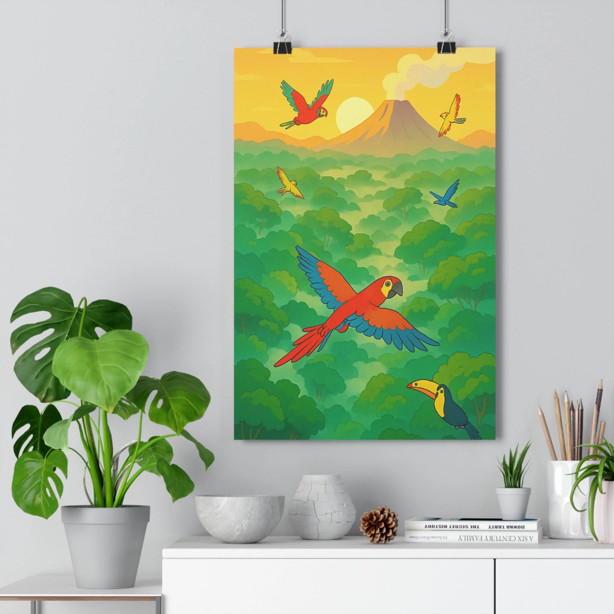 Poster décoratif coloré tropical perroquets toucan cartoon vibrant nature salon chambre exotique mural qualité