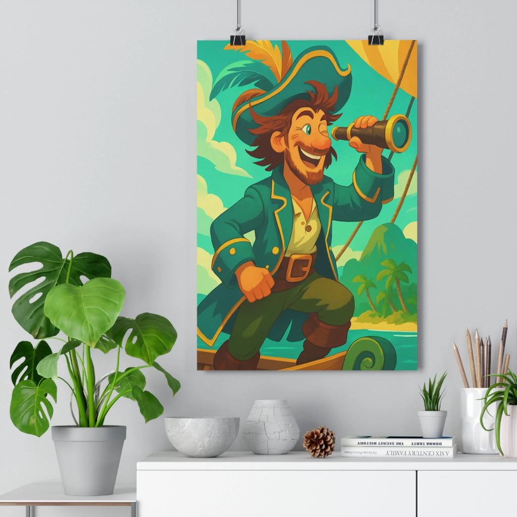 Poster décoratif pirate dessin animé bleu doré aventure joyeux tropical chambre enfant vibrant unique