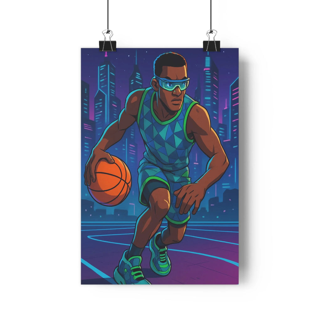 Poster décoratif basketball athlète action dynamique néon futuriste bleu vert orange chambre moderne 30x46
