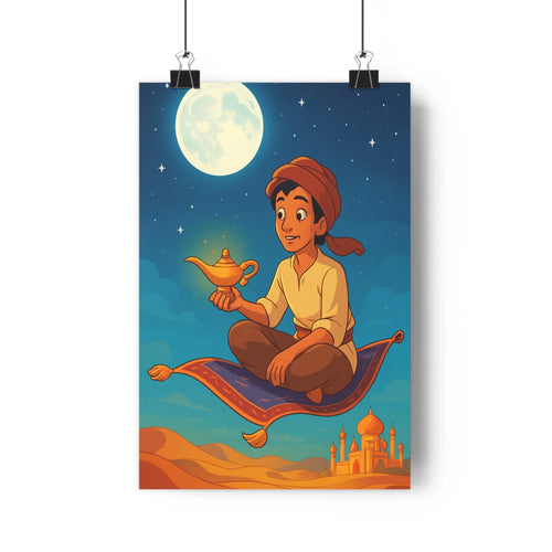 Poster aventure magique tapis volant lampe étoiles nuit lune sable palais bleu orange rouge cartoon fantastique chambre enfants lumière