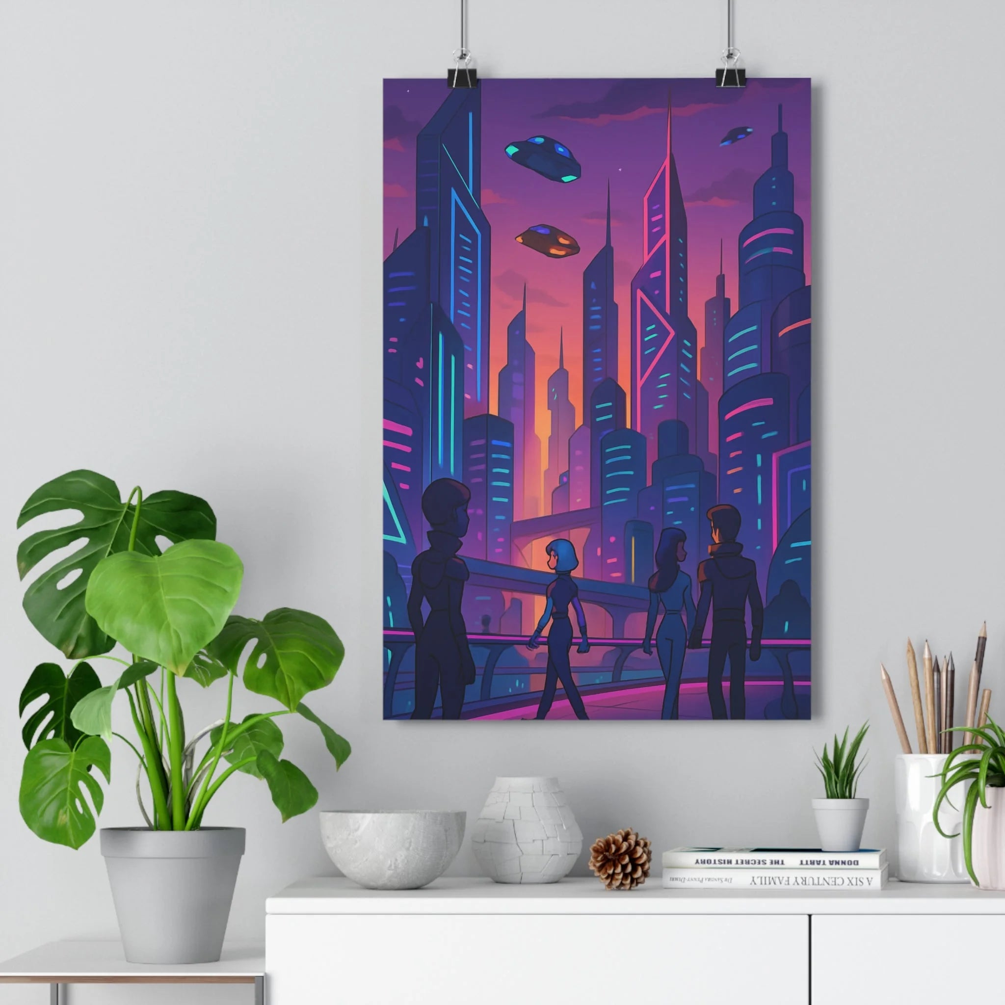 Poster décoratif rétrofuturiste gratteciel néons bleu rose salon moderne dynamique années 80 30x46 cm