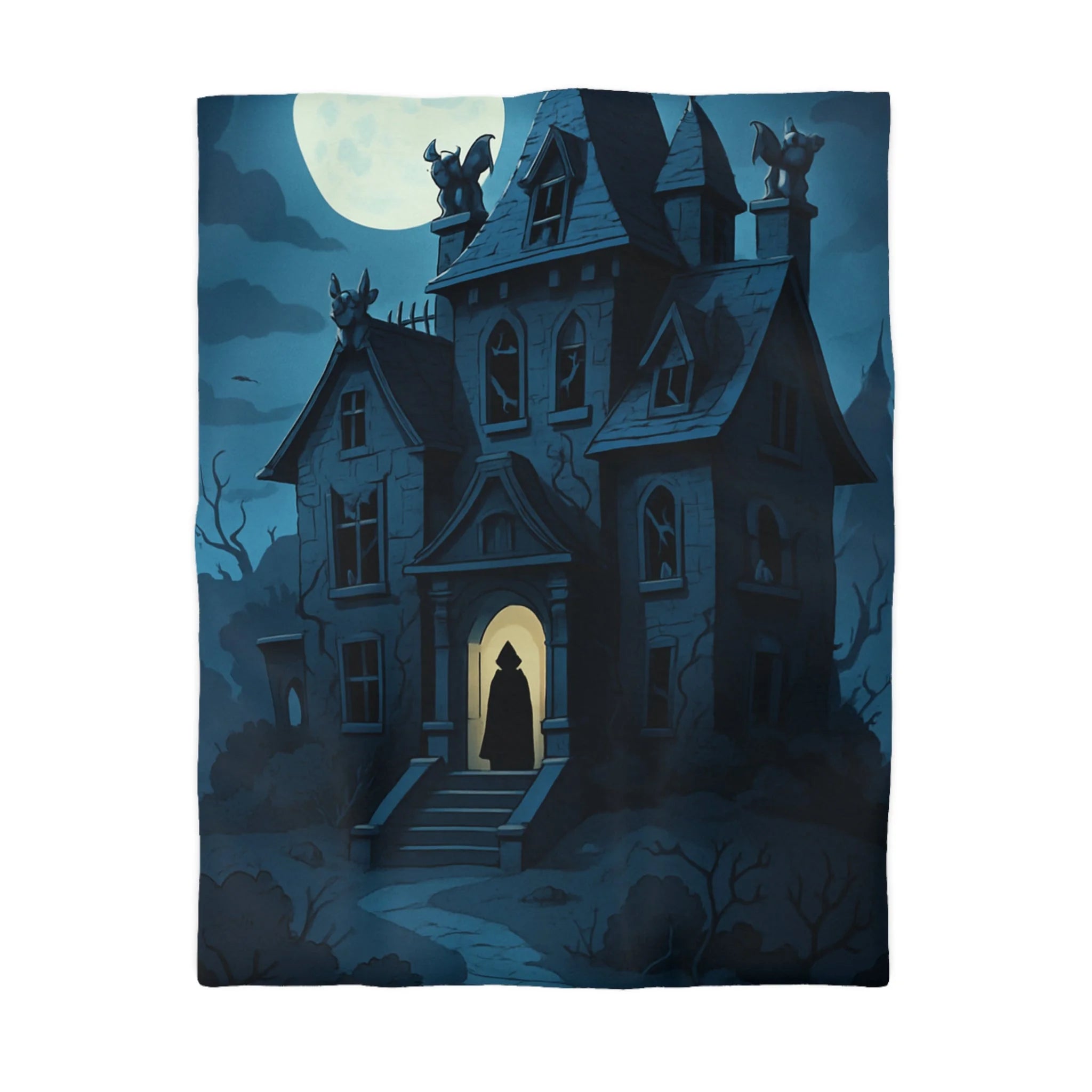Housse de couette mystérieuse avec manoir gothique sous la pleine lune effrayante