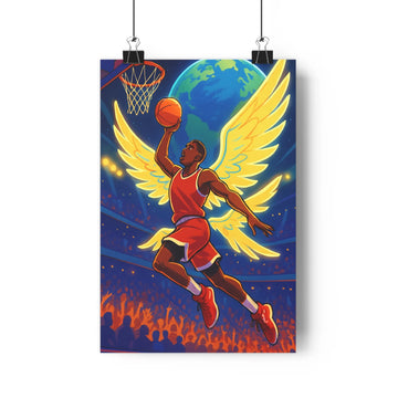 Poster joueur basket ailes dorées maillot rouge chaussures blanches fond étoiles planète spectateurs enthousiastes plante verte étagère livres ambiance sportive