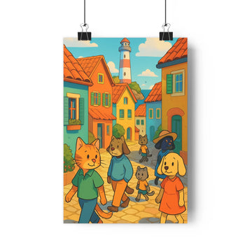 Poster animal cartoon chats chiens rue pavée maisons toits rouges façades multicolores phare bleu ciel nuages ambiance joyeuse salon chambre