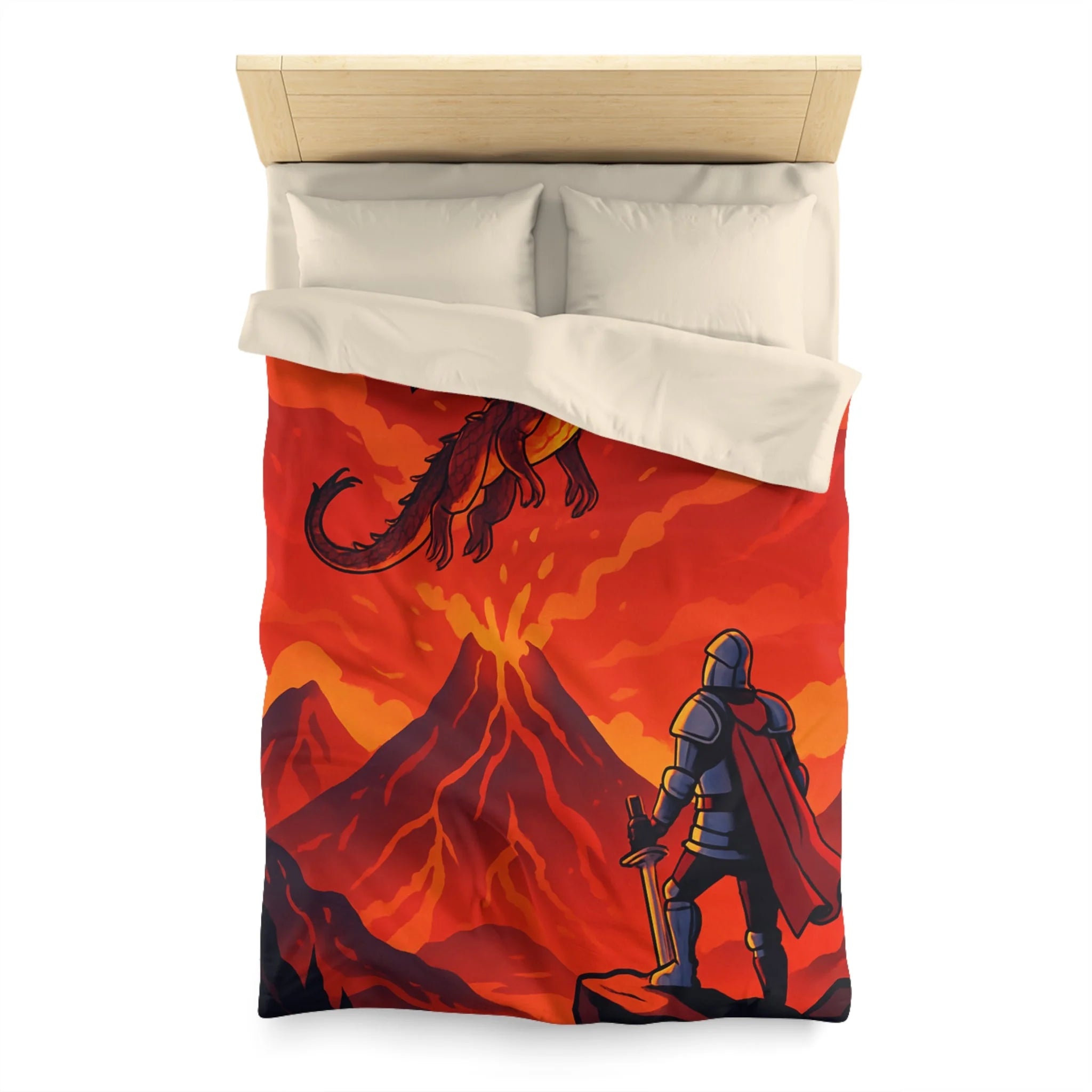 Imposant dragon rouge volant sur volcan en fusion, chevalier en armure contemplatif