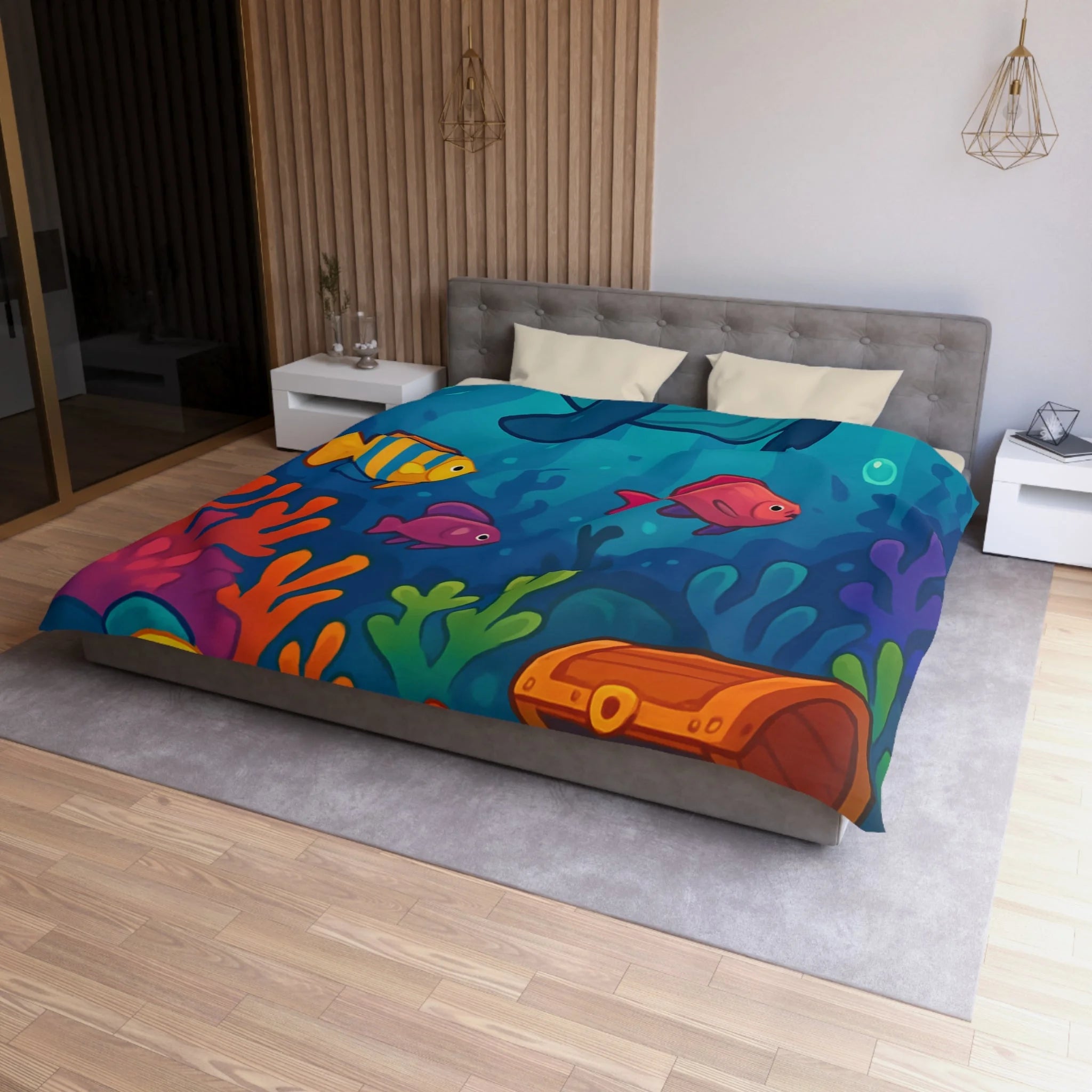 Housse de couette océan magique, baleine heureuse, poissons colorés et trésor sous-marin