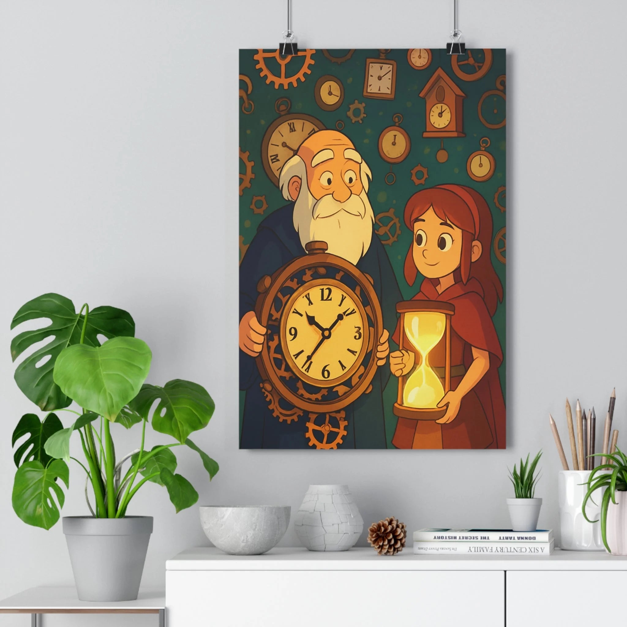 Poster décoratif steampunk vintage chaud horloge sablier mécanique bureau chambre ambiance unique élégant format