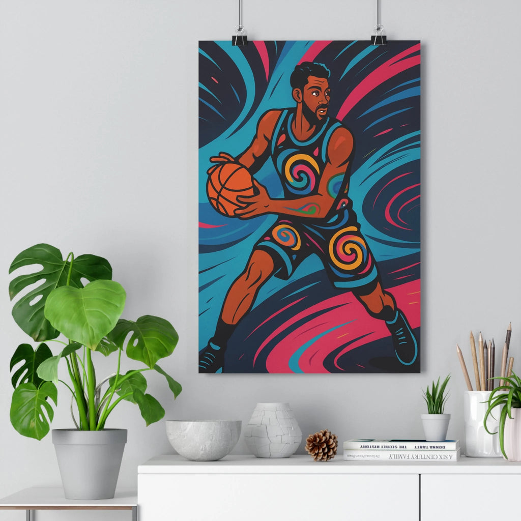 Poster décoratif joueur basketball cartoon dynamique bleu rose orange adolescent chambre énergie mouvement vibrant