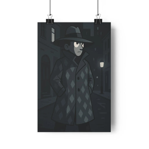 Poster urbain nuit personnage manteau chapeau rue lampadaires géométrique gris noir lumière blanche ambiance mystère tension déco salon chambre bureau