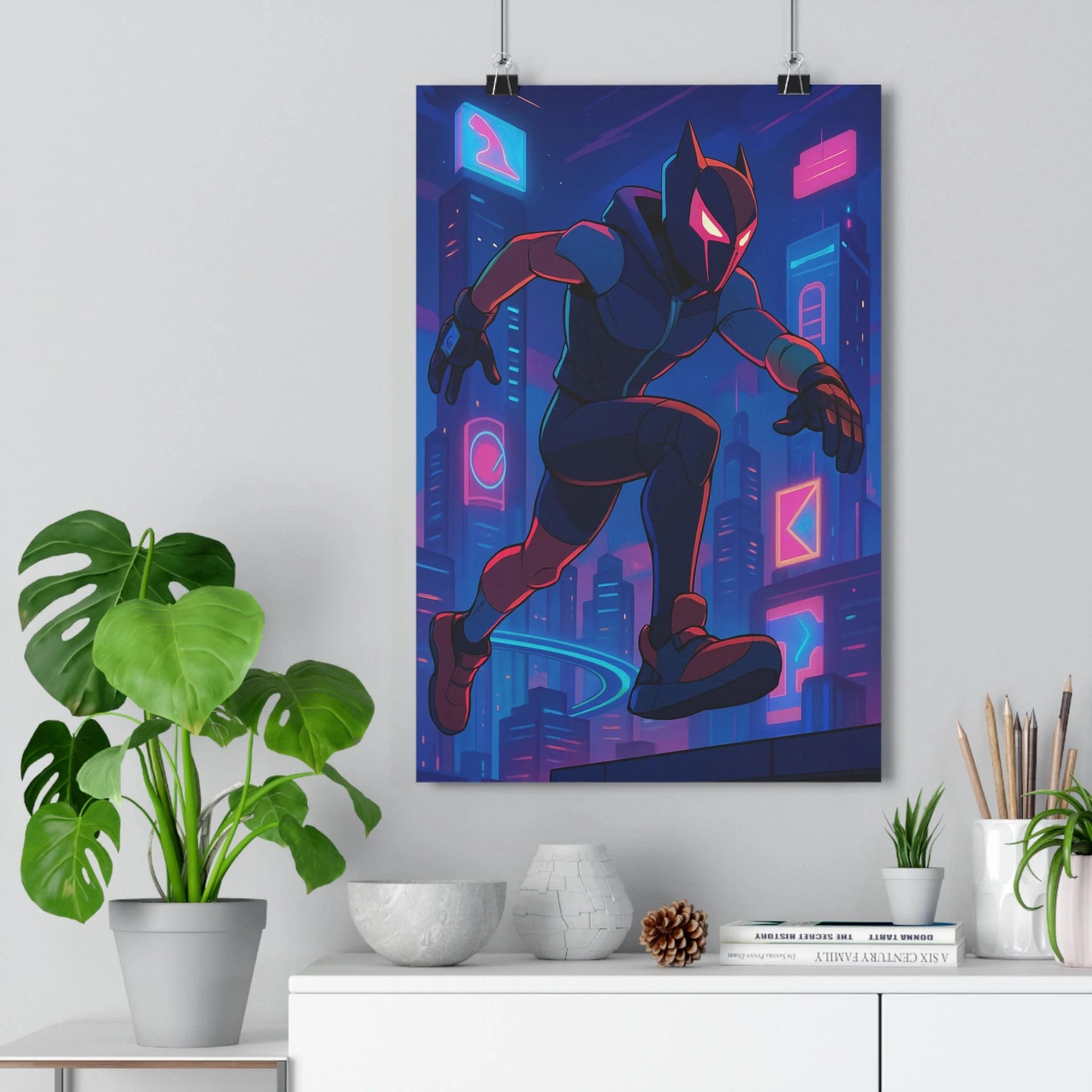 Poster décoratif héros urbain intrépide néon bleu rose dessin animé moderne dynamique bureau chambre