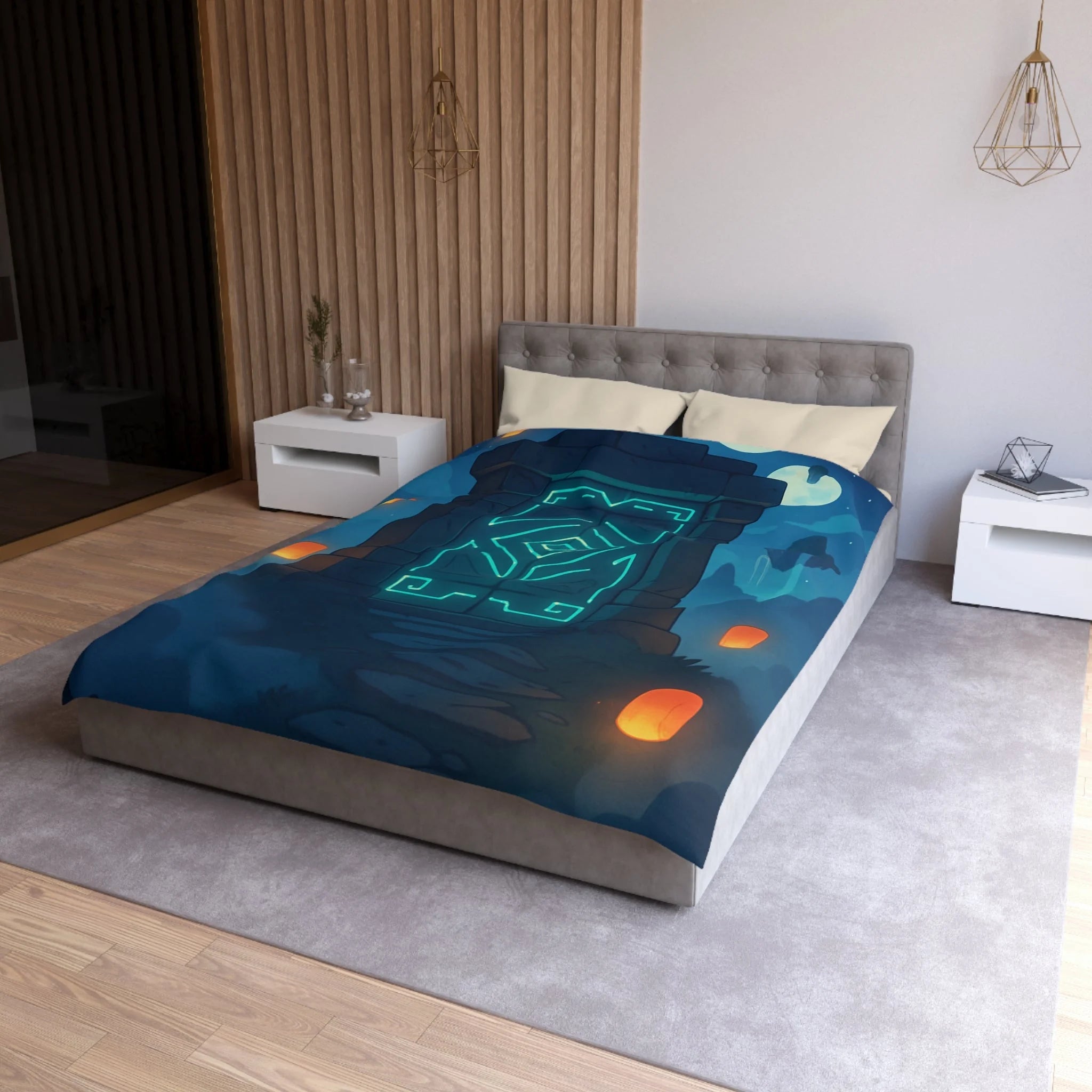 Housse de couette mystérieuse avec portail magique et lanternes flottantes sous ciel étoilé