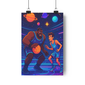 Poster décoratif futuriste galaxie bleu orange violet basket sportif chambre ambiance dynamique cosmique qualité