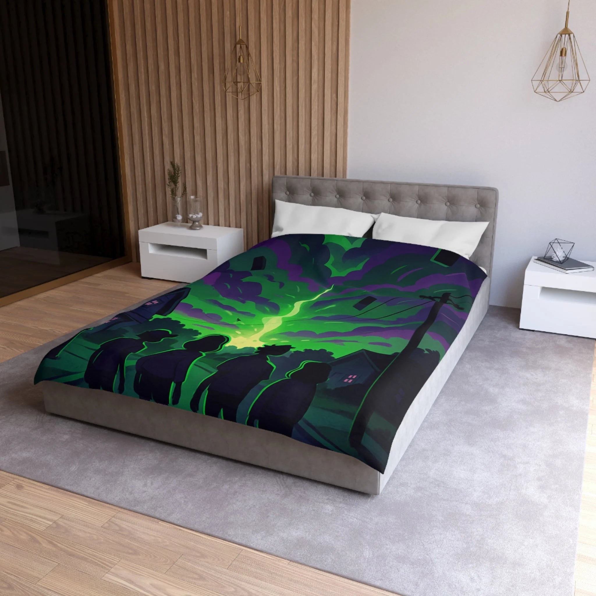 Housse de couette pour chambre avec ciel nocturne mystérieux et silhouettes d'enfants
