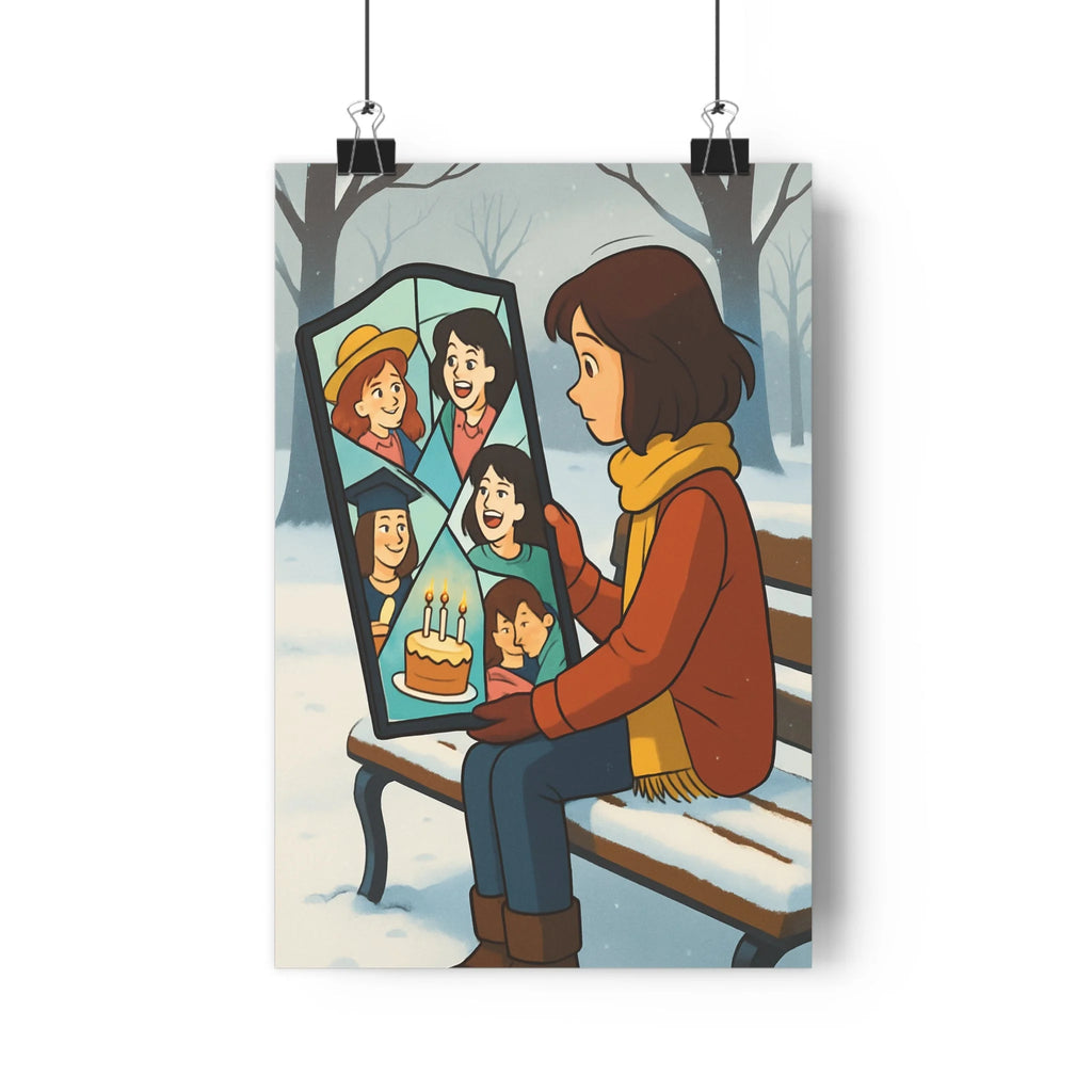 Poster décoratif surréaliste nostalgique doux animé banc neige souvenirs cadre salon rêveur unique qualité
