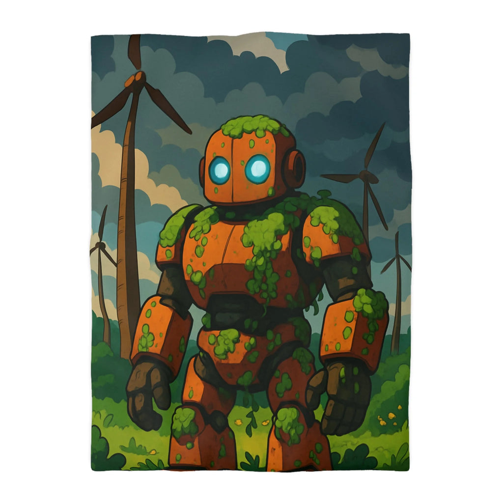 Housse de couette robot et éoliennes, motif nature et technologie, ambiance verte apaisante