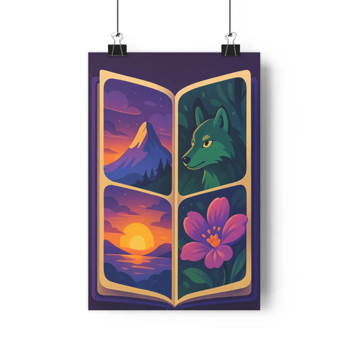 Poster magique livre ouvert loup fleur violette montagne étoiles couchant eau détail naturel bordures dorées violet vert moderne détaillé calme