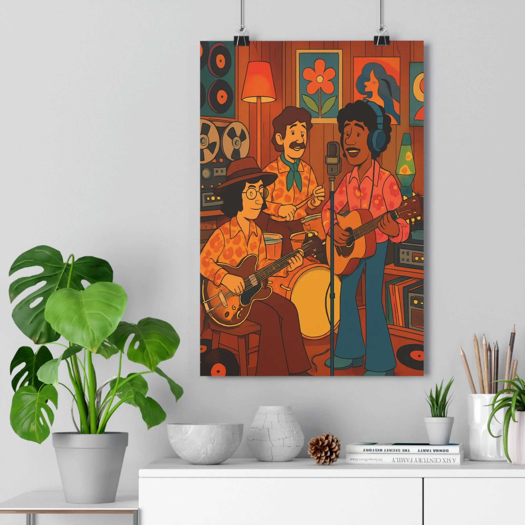 Poster décoratif vintage rétro couleurs chaudes joyeuses salon musique ambiance nostalgique studio musiciens qualité