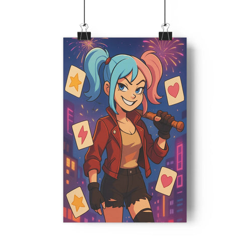 Poster moderne femme aux cheveux multicolores blouson rouge top marron shorts gants sourire cartes symboliques ciel nocturne feux d’artifice plante