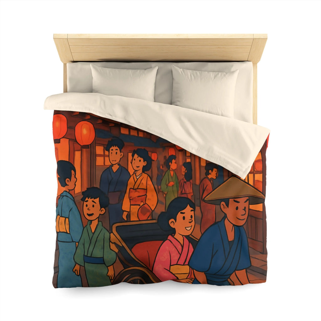 Housse de couette nocturne rouge et jaune avec lanterne et scène japonaise animée
