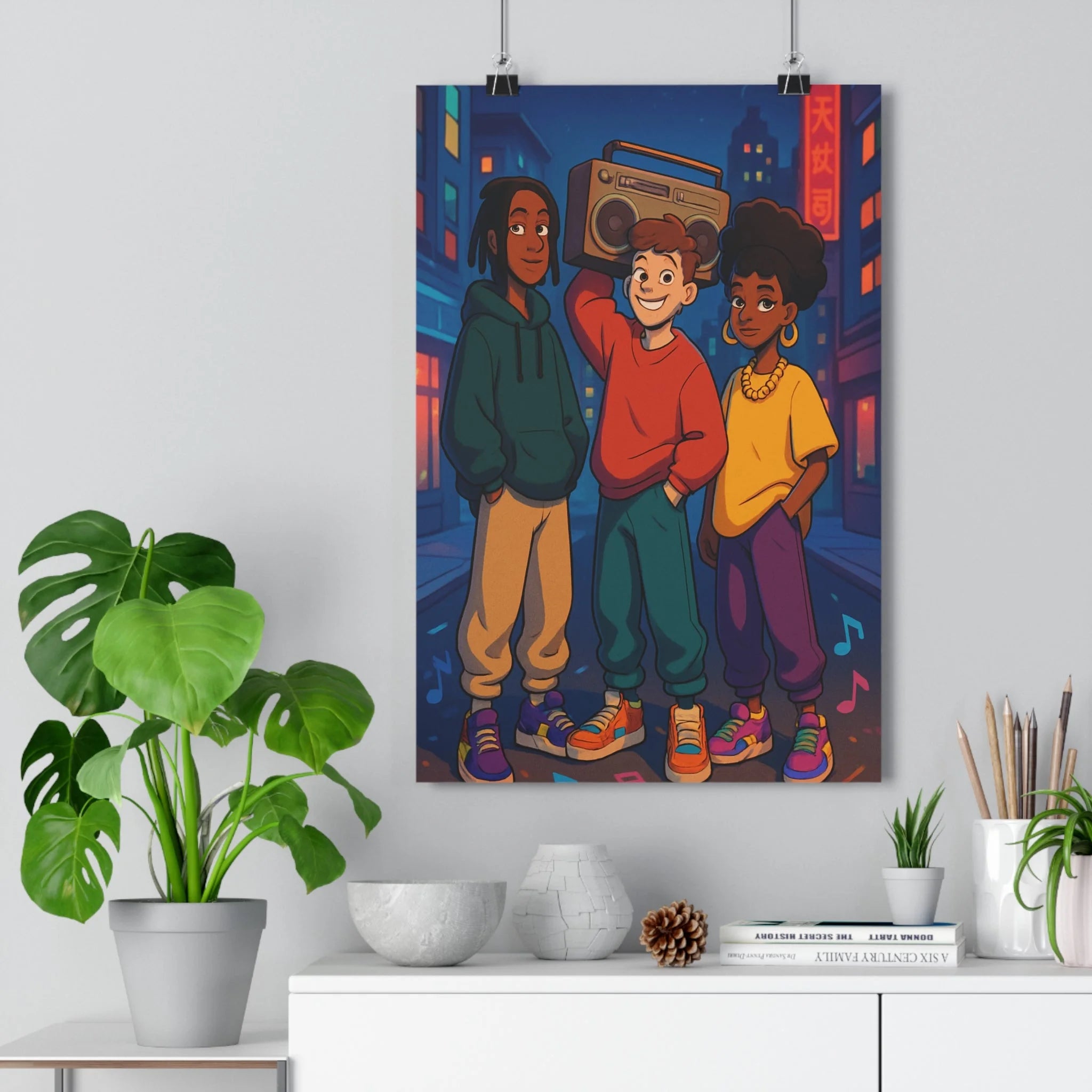 Poster décoratif rétrofuturiste néon urbain dynamique chambre salon cartoon musique coloré moderne tendance qualité