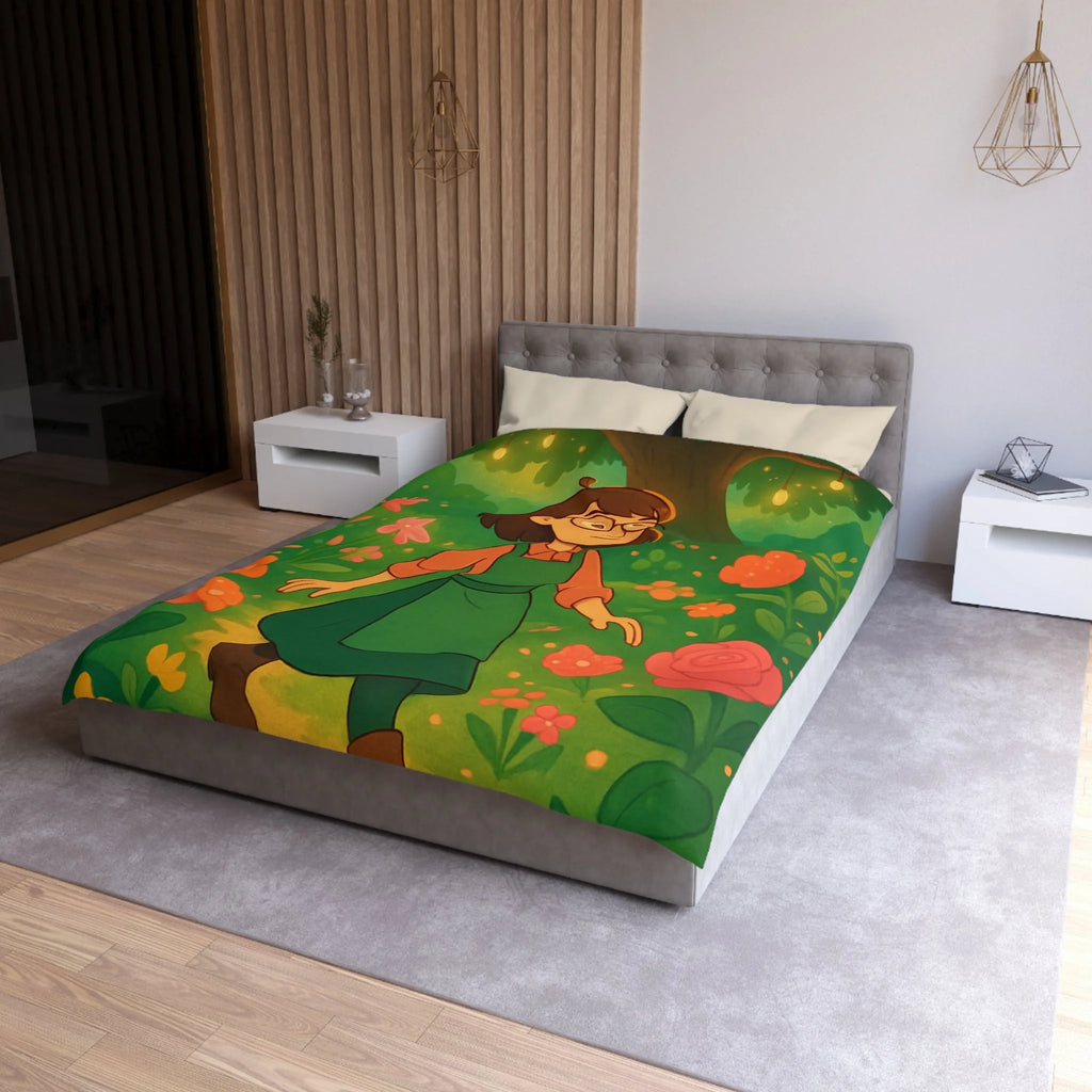 Housse de Couette Motif Pastoral Fille Promenade Fleurie Arbre Lumières Magie Enchantée