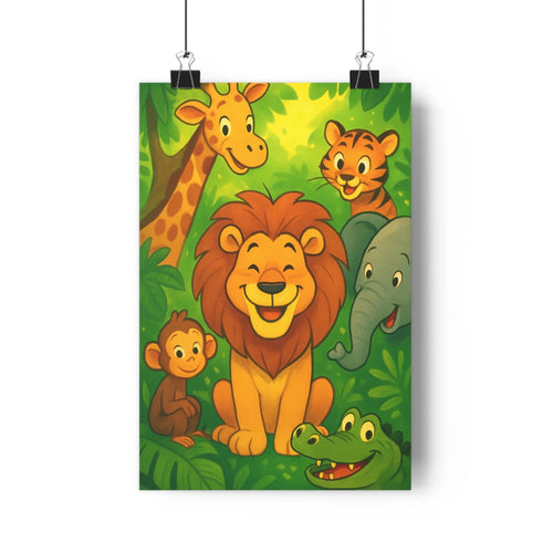 Poster jungle animaux sauvages lion girafe tigre éléphant singe crocodile foret dense feuilles vertes branches joyeux cartoon amical chambre enfants