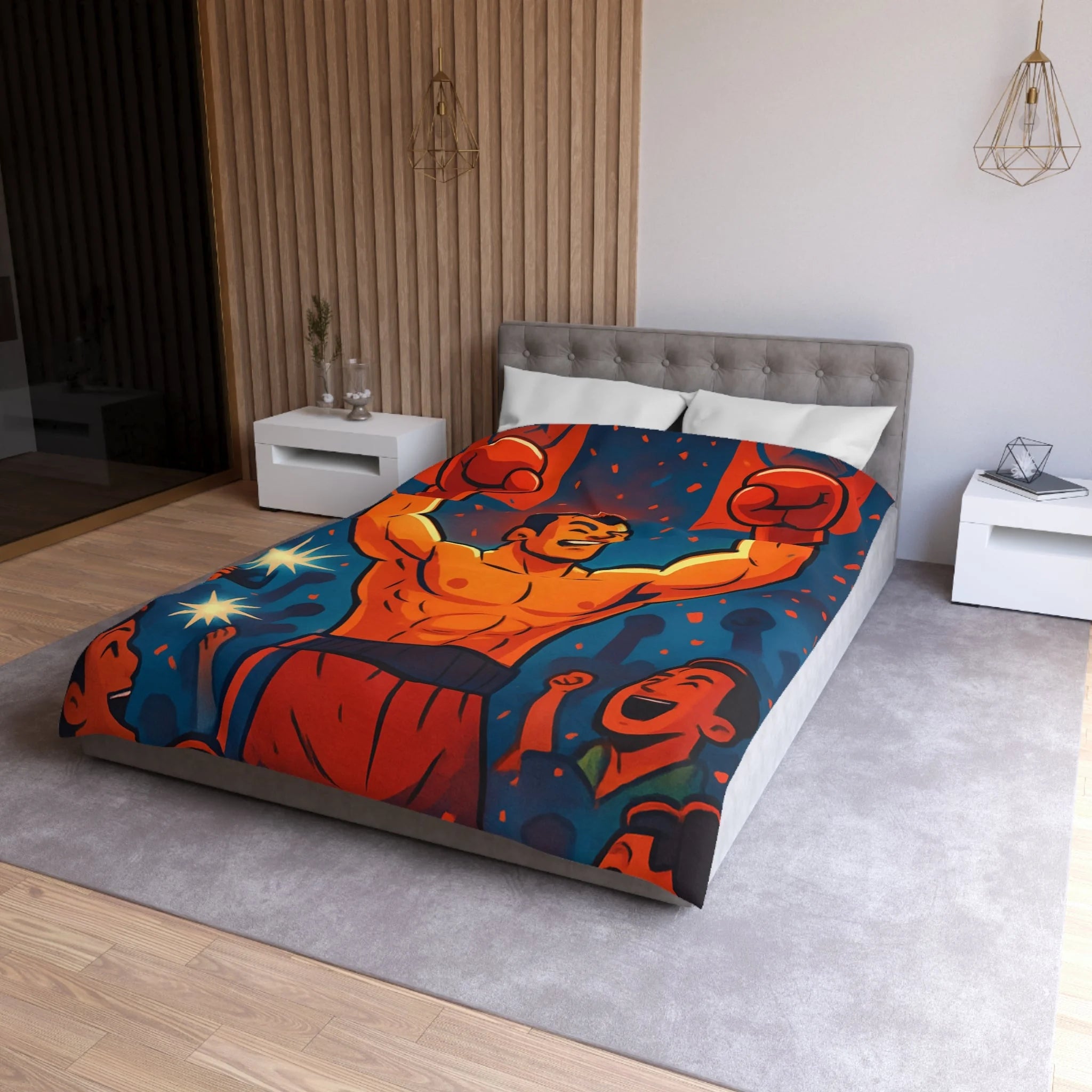Housse de couette spectaculaire avec illustration de boxeur victorieux et public en liesse