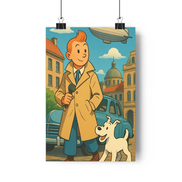 Poster homme microphone chien voiture bleue dirigeable rue bâtiments toits rouges nuages ambiance joyeuse cartoon style rétro urbain verte