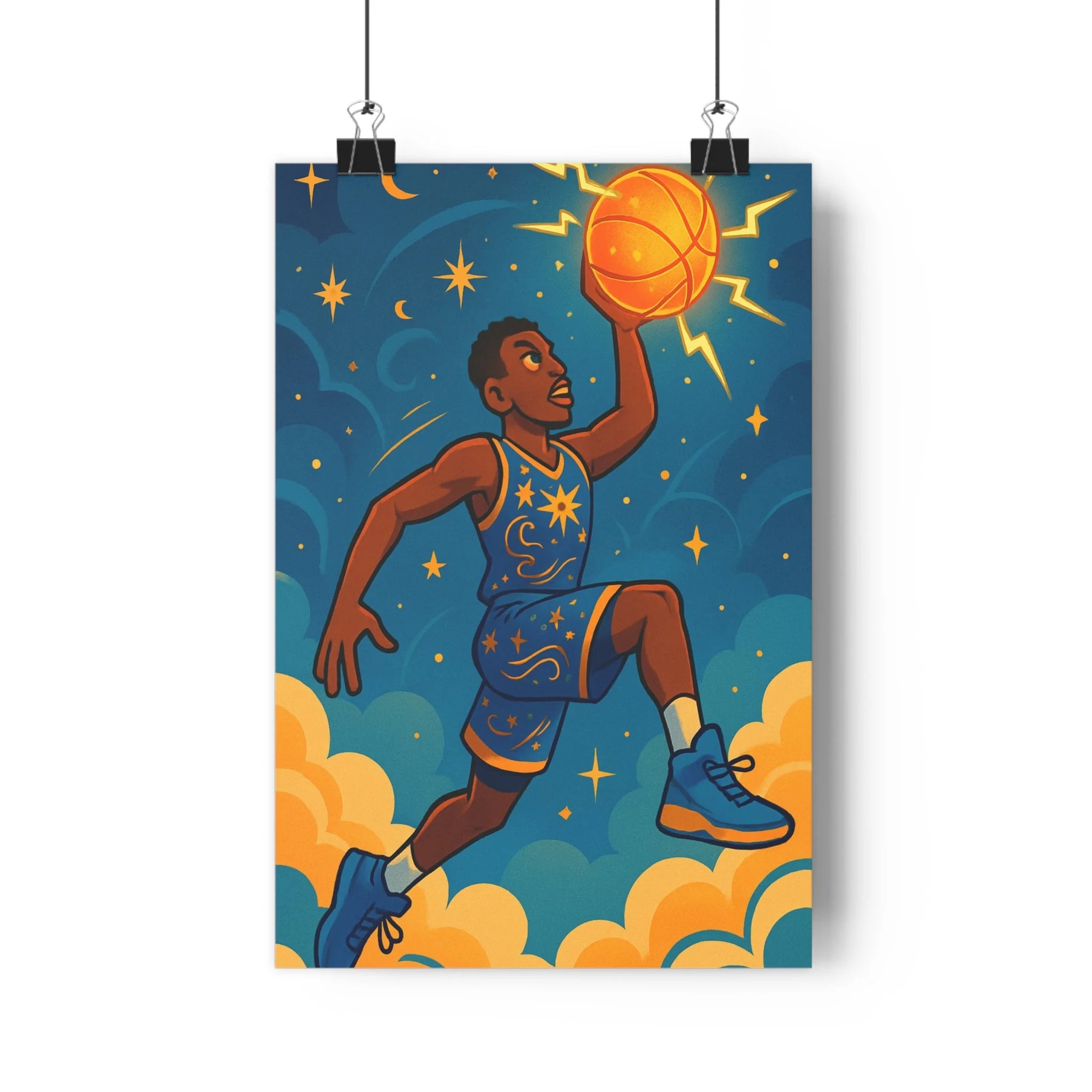 Poster décoratif joueur basketball cartoon bleu orange dynamique céleste chambre enfant art mural éclairs