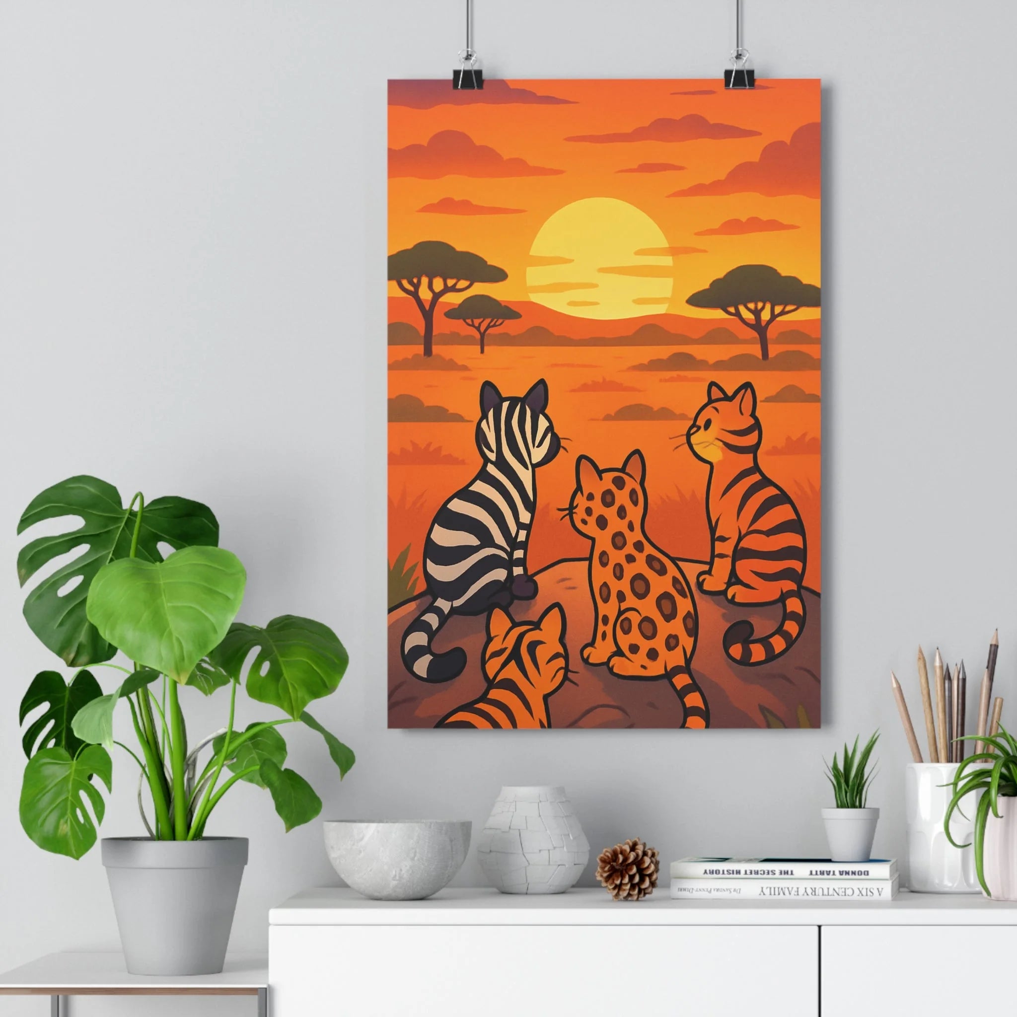 Poster décoratif cartoon chat sauvage aventureux exotique orange jaune savane chambre salon 30x46 cm