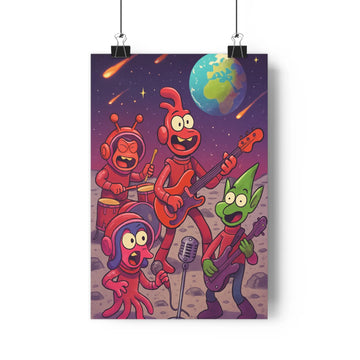 Poster spatial concert extraterrestres musique ciel étoilé planète météores costumes colorés cartoon festif chambre salon