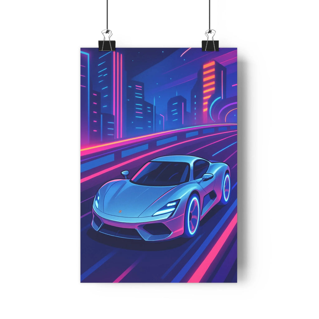 Poster décoratif voiture argentée cyberpunk futuriste néon bleu rose bureau moderne dynamique 30x46 cm
