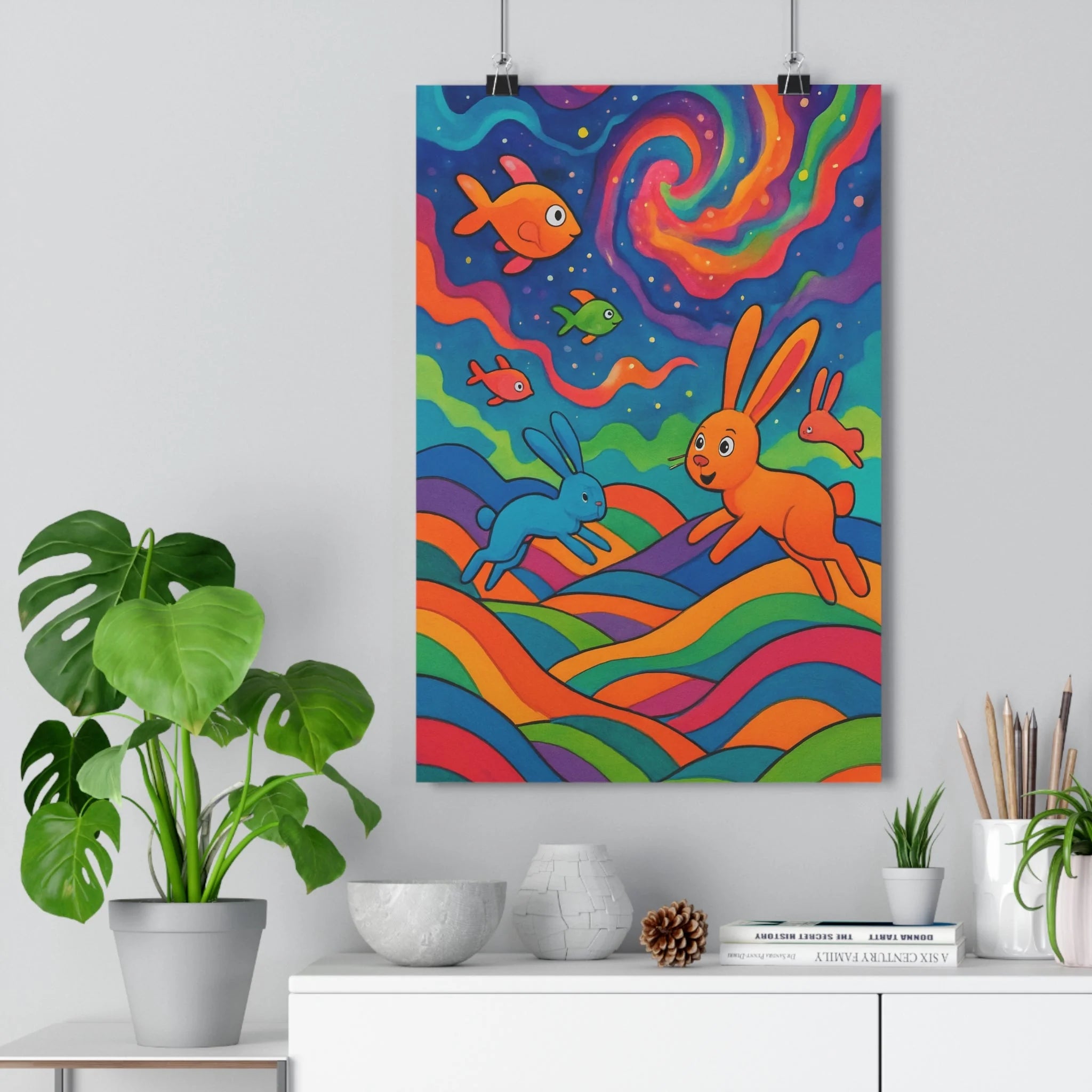 Poster décoratif psychédélique art abstrait coloré joyeux salon chambre moderne bleu orange vert vibrant