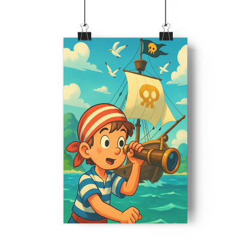 Poster aventure marine pirate enfant télescope vagues bleues nuages oiseaux plante verte étagère livres ambiance joyeuse exploration maritime chambre salon