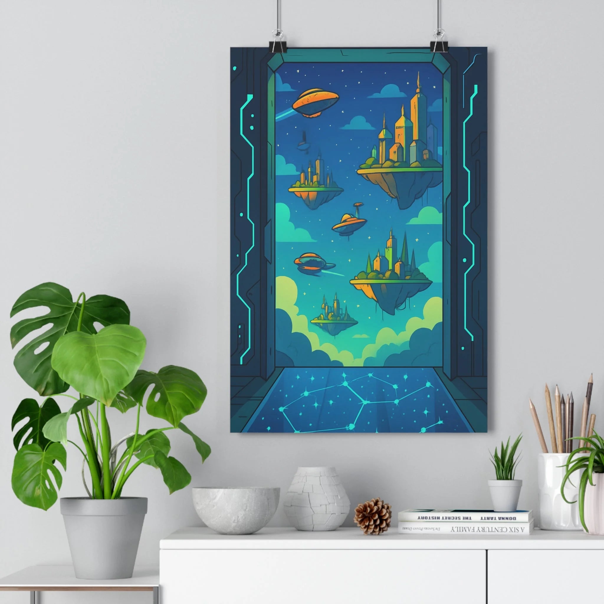 Poster décoratif sciencefiction îles flottantes vaisseaux spatiaux ciel étoilé futuriste dessin animé fantaisie couleurs