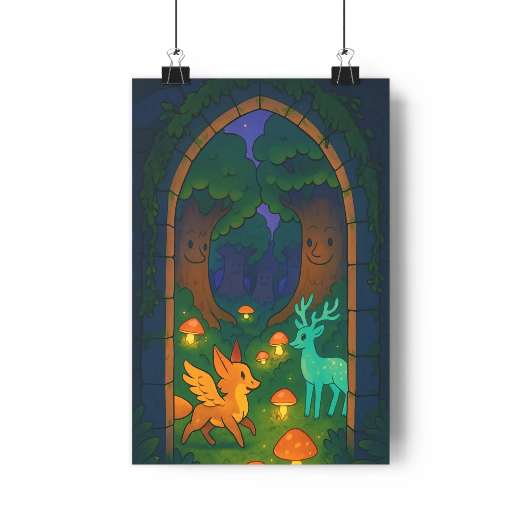 Poster décoratif forêt enchantée bleu vert orange magique mystique chambre enfant salon art design