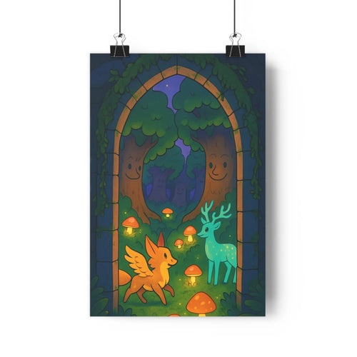 Poster forestier nuit arbres anthropomorphes porte champignons lumineux renard ailé cerf bleu végétation luxuriante ambiance mystérieuse enchantée style cartoon