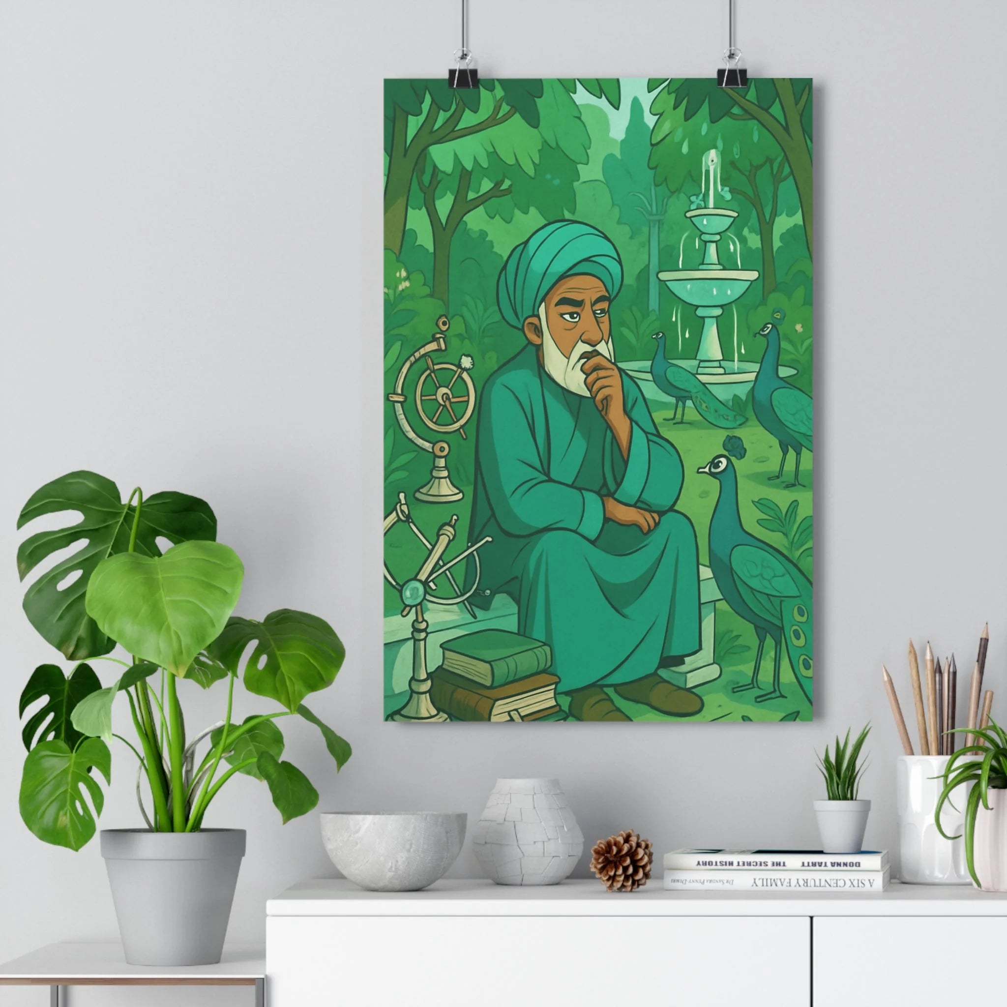 Poster décoratif cartoon vert serein jardin homme livres paons science instruments salon bureau qualité