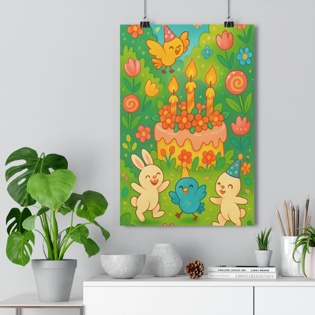 Poster décoratif cartoon joyeux anniversaire enfants vert jaune rose bleu animaux chambre salon qualité