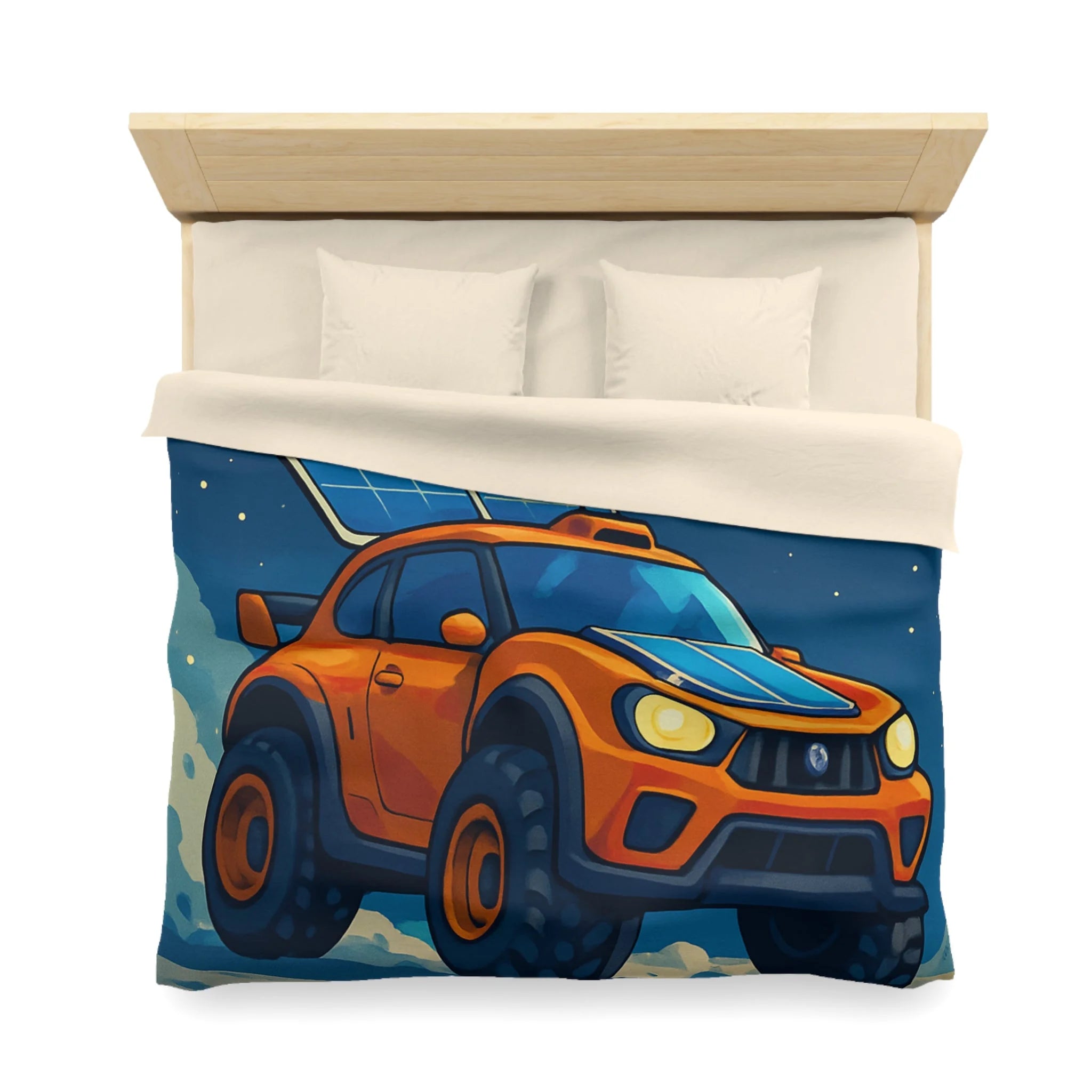 Housse de couette spatiale avec voiture orange et robots sur fond lunaire captivant