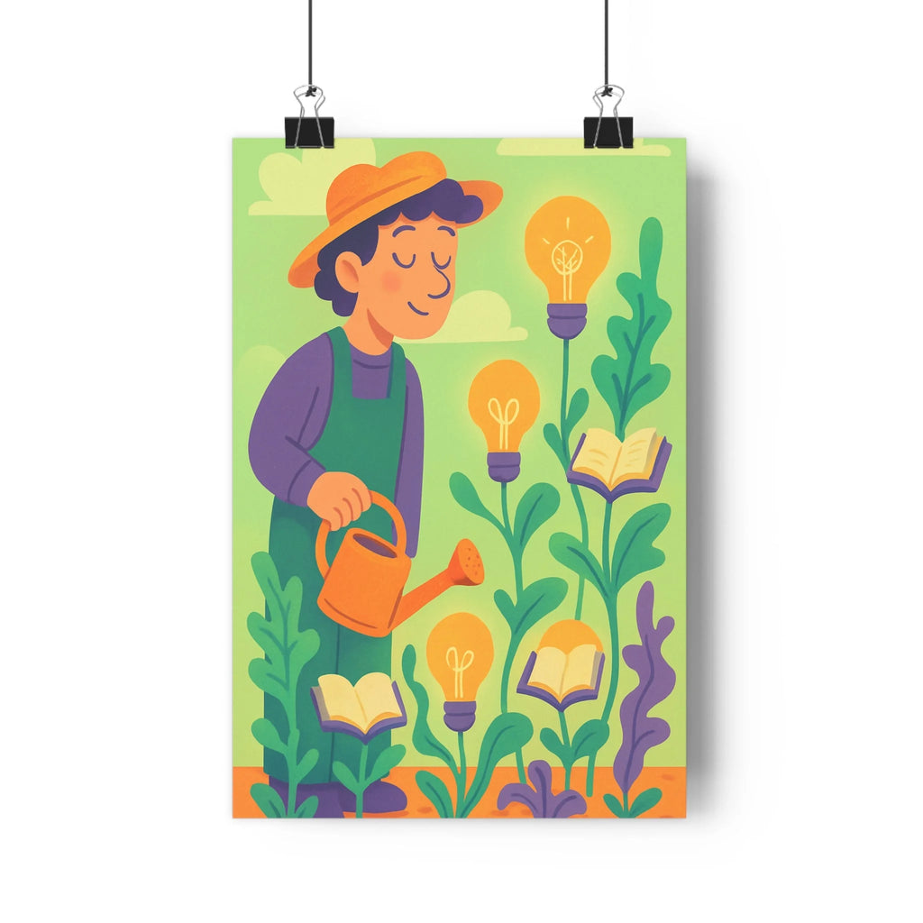 Poster décoratif cartoon jardinier vert orange fantaisiste joyeux salon chambre enfant ambiance créative tendance