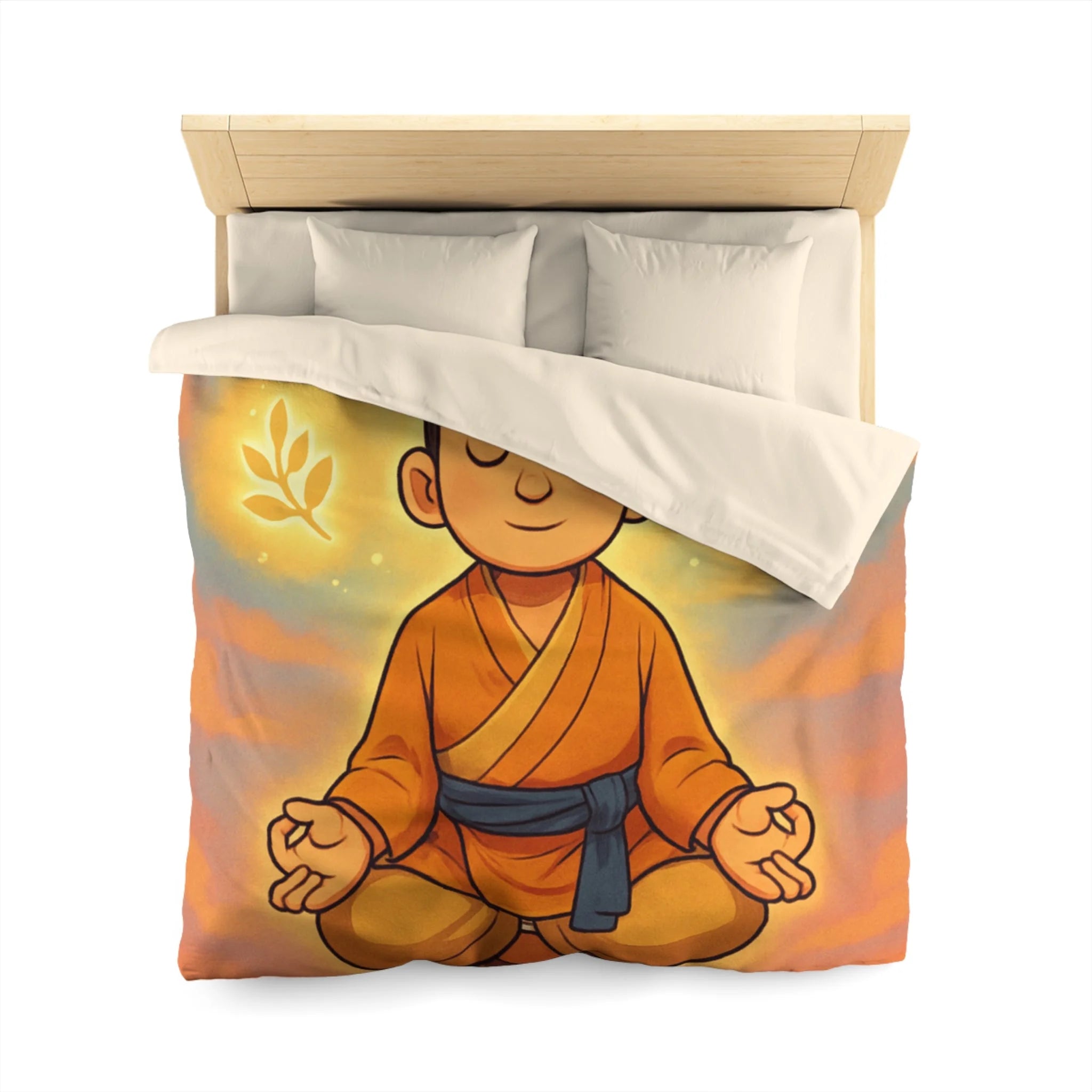 Housse de couette zen avec méditation, symboles spirituels, orange et bleu apaisant