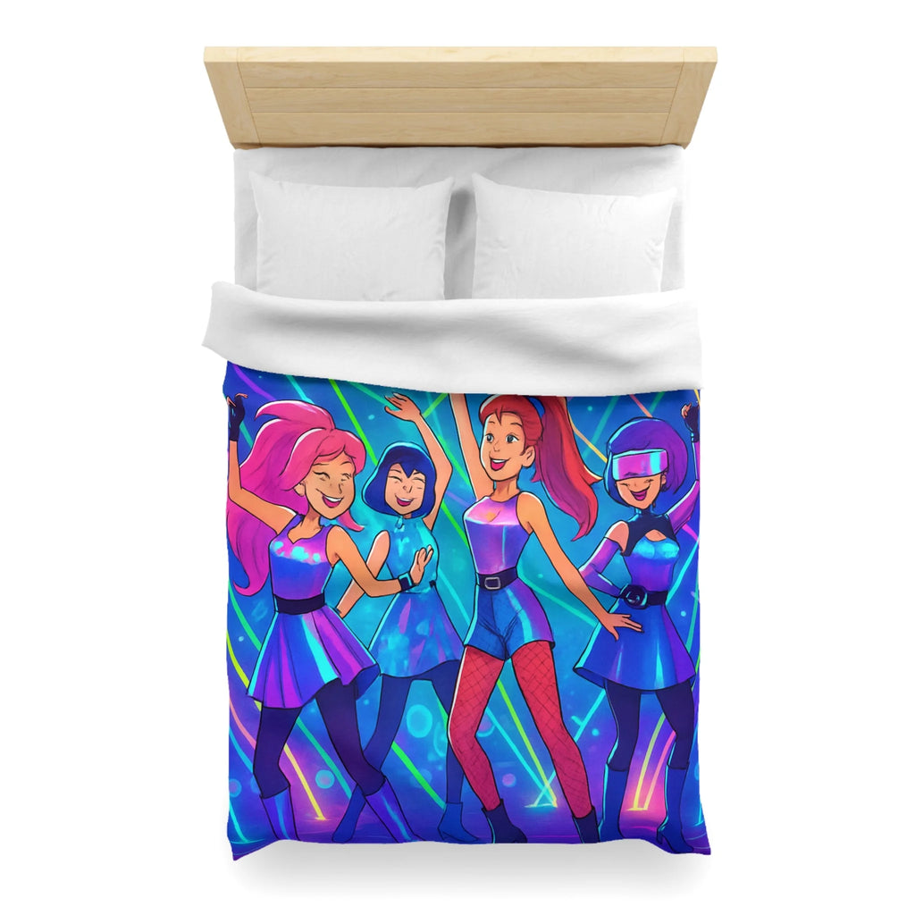 Housse de couette techno disco avec danseuses rétro en néons et figures géométriques