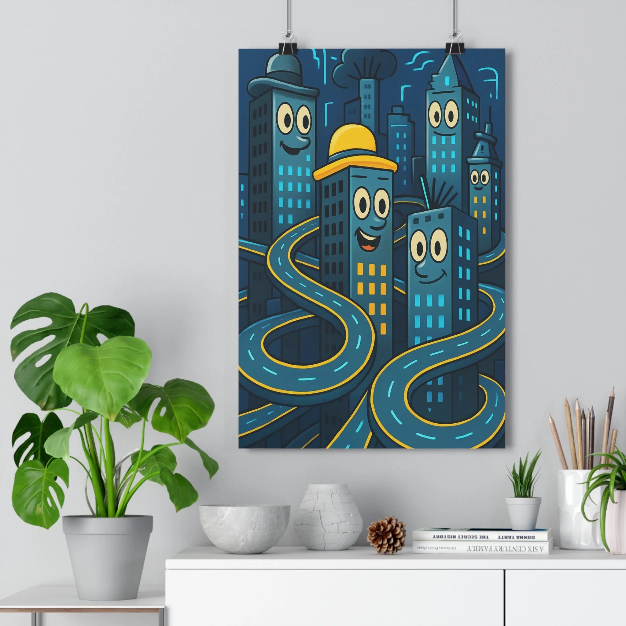 Poster décoratif moderne cartoon bleu jaune futuriste ludique salon chambre bureau dynamique urbain 30x46