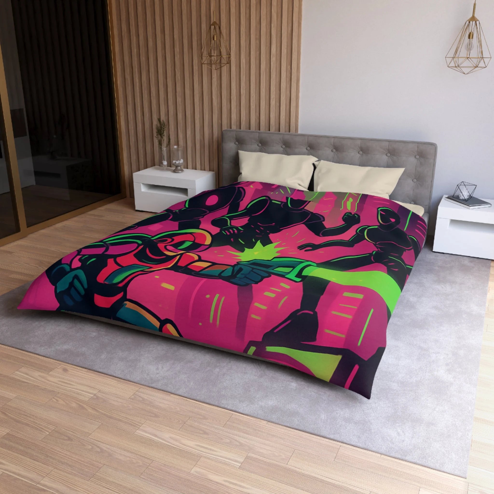 Housse de couette néon futuriste avec combat spatial, designs vifs rétro et cyberpunk