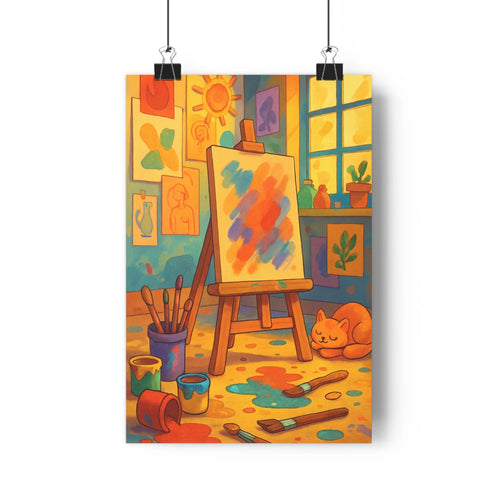 Poster atelier artistique chevalet tableau peintures pinceaux chaton paysages plantes cadres dessins abstraits couleurs vives ambiance lumineuse style cartoon chambre